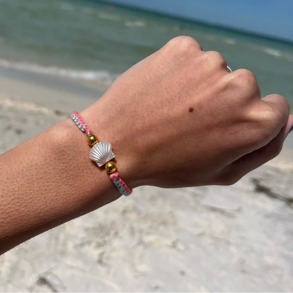 Handmade woven pink and blue zipper bracelet with pearl shell bead